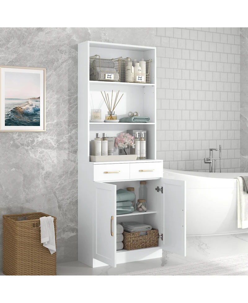 Casainc Bathroom Storage Cabinet, Two Doors, Drawers, Adjustable Shelf & Three Open Shelves