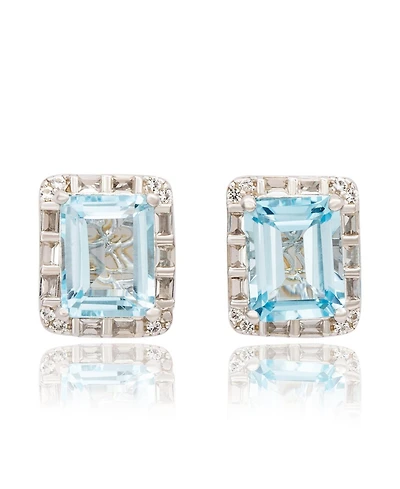 Suzy Levian New York Sterling Silver Emerald Cut Topaz And White Stud Earrings