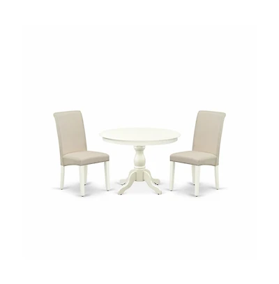 East West Furniture 3 Piece Dining Room Set - Linen White Dining Table and 2 Cream Linen Fabric Comfortable Chairs with High Back