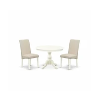 East West Furniture 3 Piece Dining Room Set - Linen White Dining Table and 2 Cream Linen Fabric Comfortable Chairs with High Back