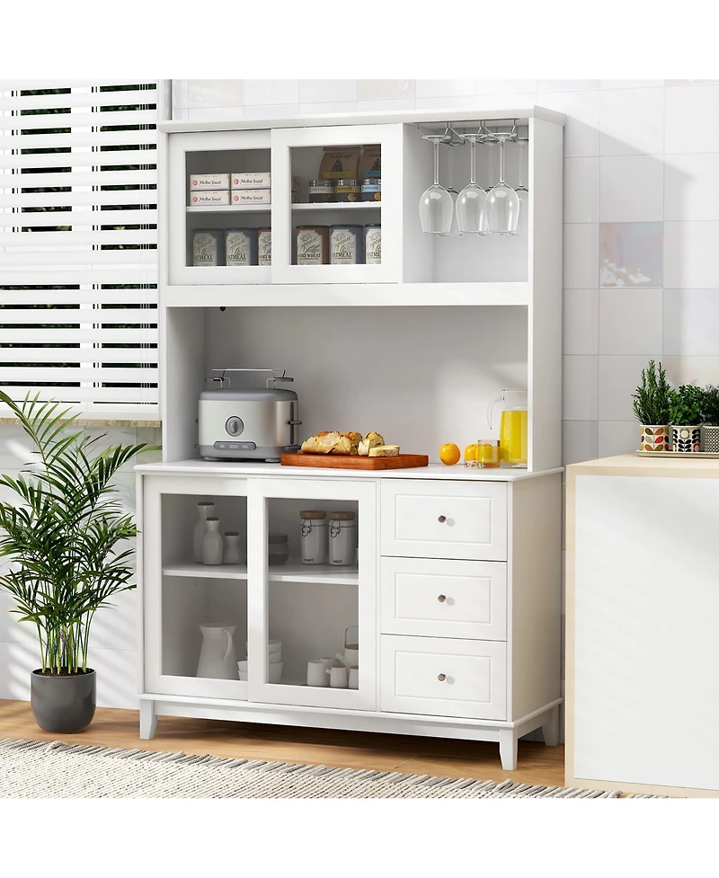 Gymax Kitchen Pantry Storage Cabinet Kitchen Hutch w/ Led lights & Power Outlet