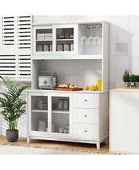 Gymax Kitchen Pantry Storage Cabinet Kitchen Hutch w/ Led lights & Power Outlet
