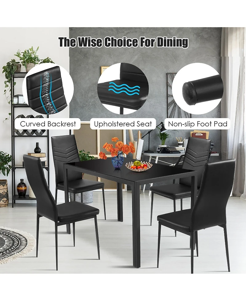 Gymax 5 Piece Kitchen Dining Set Glass Metal Table and 4 Chairs Breakfast Furniture