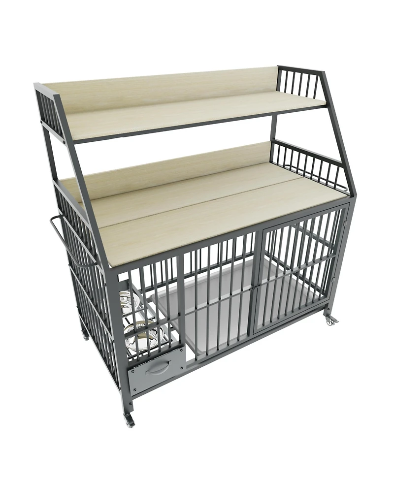 Aostirmotor 35 in. W x 49 in. H x 24 in. D Large Pet Cage with Storage Rack Drawers with Stainless Steel Food in Beige