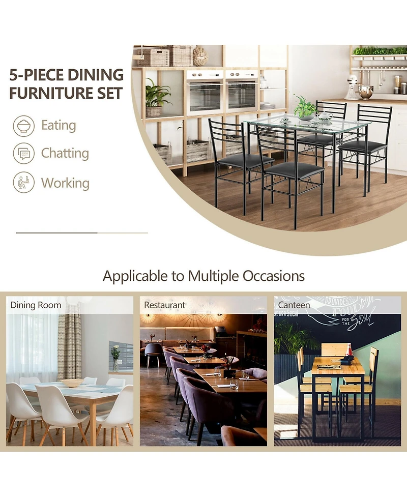 Gymax 5 Pc Dining Set Glass Top Table and 4 Chairs Kitchen Room Furniture