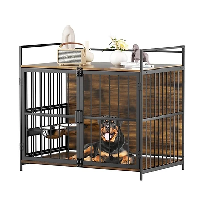 Aostirmotor 48 in. Furniture Style Large Dog Crate with 360° Adjustable Raised Feeder for Dogs