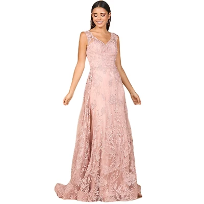 Lara Women's Overskirt Lace Fitted V - Neck Gown