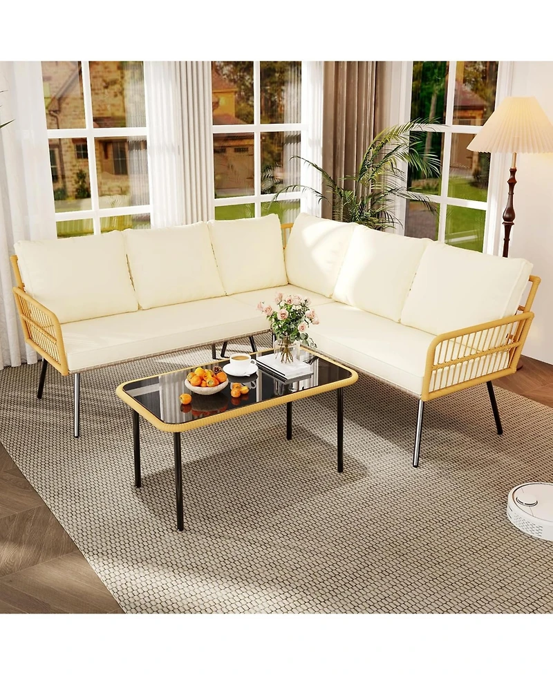 gaomon 4 Pieces Beige Boho Rattan Patio Furniture Set, L-Shaped Sectional with Cushions, Side Table & Chairs for Apartment & Backyard