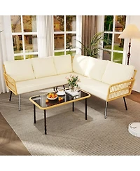 gaomon 4 Pieces Beige Boho Rattan Patio Furniture Set, L-Shaped Sectional with Cushions, Side Table & Chairs for Apartment & Backyard