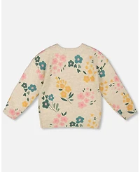 Deux par Big Girls Knitted Sweater Heather Beige Gray with Floral Print