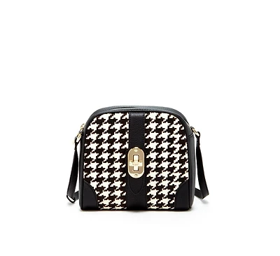 Susu Houndstooth Small Crossbody Bag Black and White Pebble Leather Purse with Zipper Closure