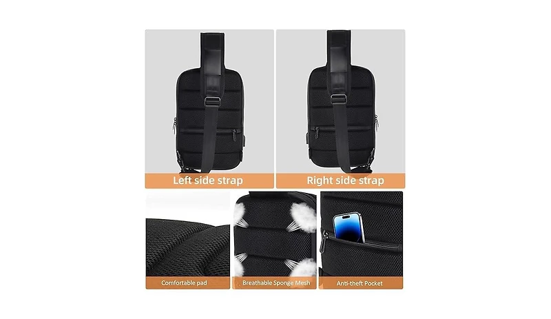 14-16 inch Sling Bag for Men,Black Crossbody Bag with Usb Charging Port Fits 10.2inch iPad, Casual Daypack(Black)