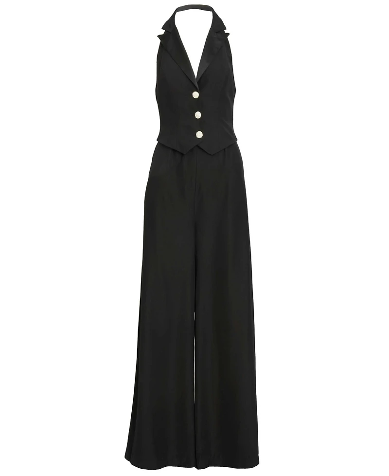Mac Duggal Women's Black Tuxedo Halter Jumpsuit