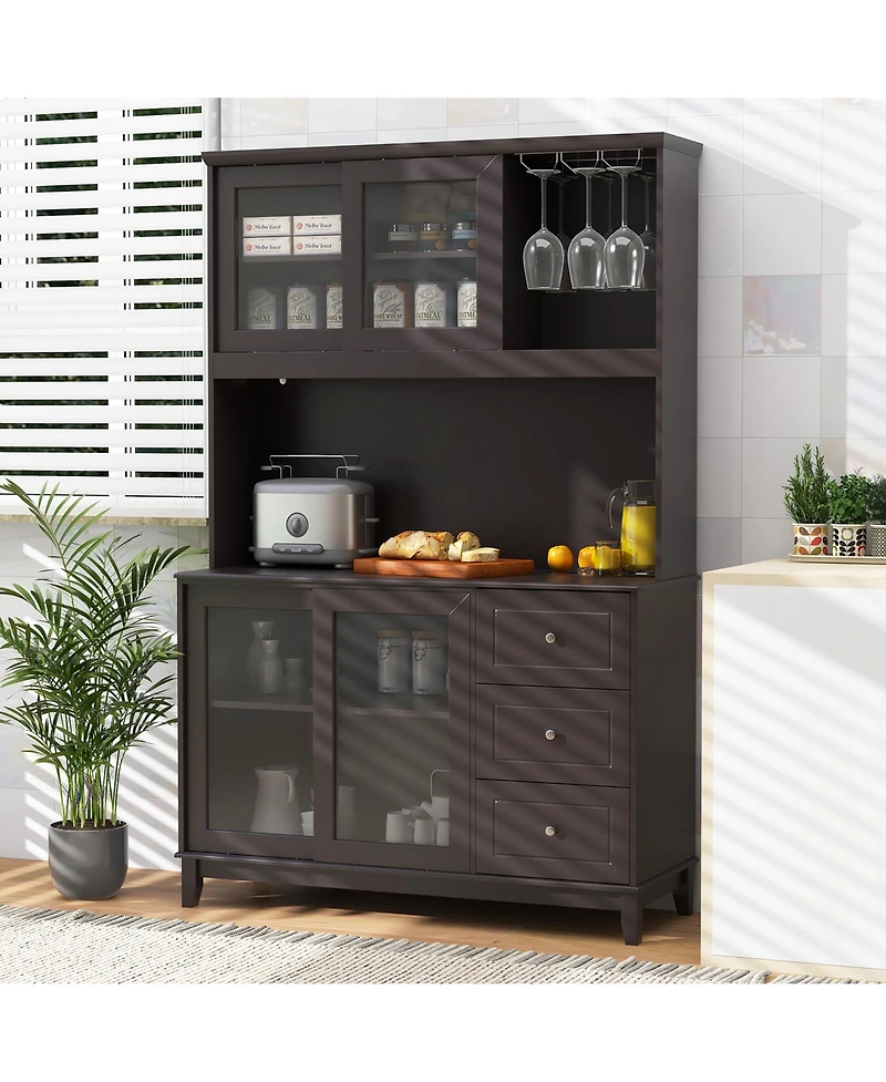 Gymax Kitchen Pantry Storage Cabinet Kitchen Hutch w/ Led lights & Power Outlet Dark