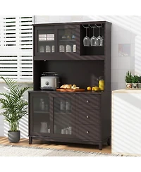 Gymax Kitchen Pantry Storage Cabinet Kitchen Hutch w/ Led lights & Power Outlet Dark
