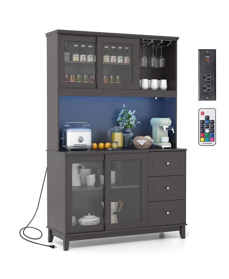 Gymax Kitchen Pantry Storage Cabinet Kitchen Hutch w/ Led lights & Power Outlet Dark