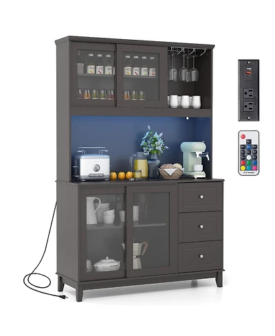 Gymax Kitchen Pantry Storage Cabinet Kitchen Hutch w/ Led lights & Power Outlet Dark