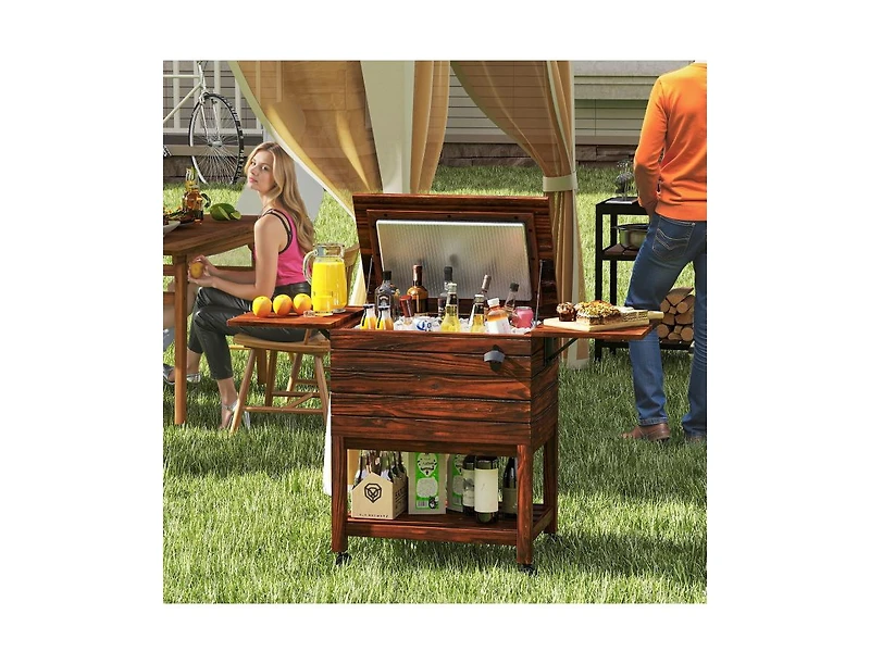 Akiudex Wooden Patio Cooler Ice Chest with 54QT Capacity and Wheels