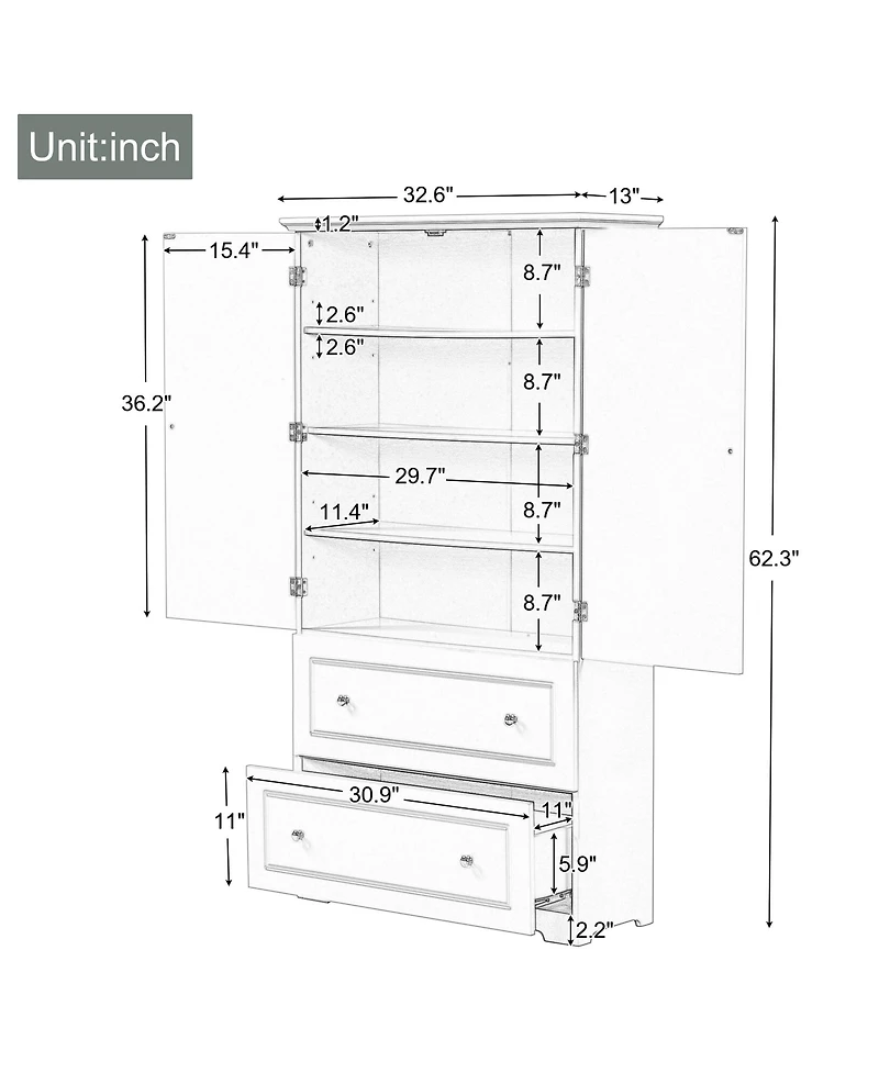 Casainc Wide Bathroom Storage Cabinet, Freestanding Unit with Two Drawers and Adjustable Shelf