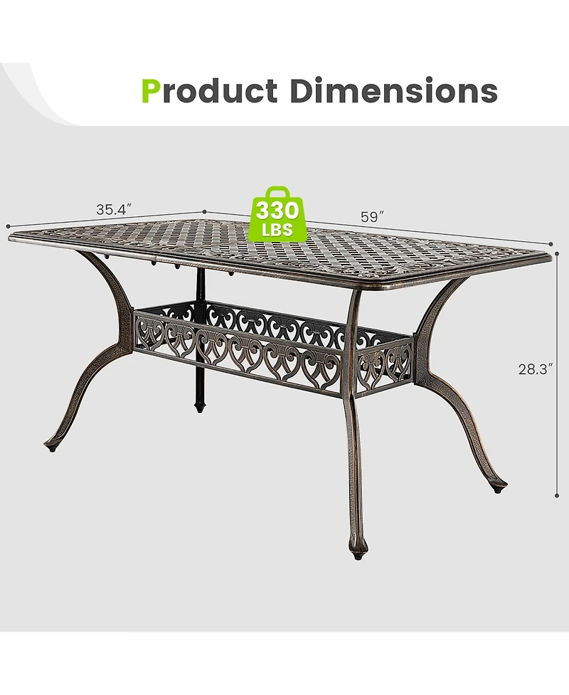 Gymax 59'' Patio Rectangle Dining Table Outdoor Cast Aluminum Table with Umbrella Hole