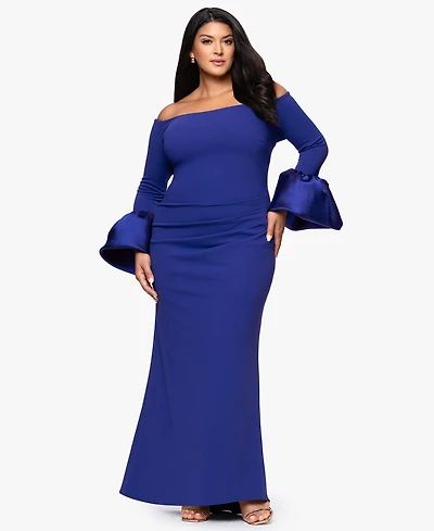 Betsy & Adam Plus Scuba Bell Sleeve Off-The-Shoulder Long Dress