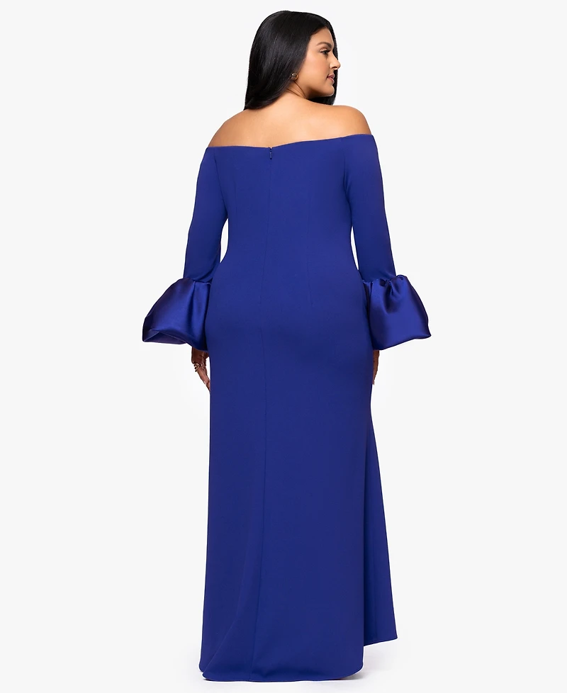 Betsy & Adam Plus Scuba Bell Sleeve Off-The-Shoulder Long Dress