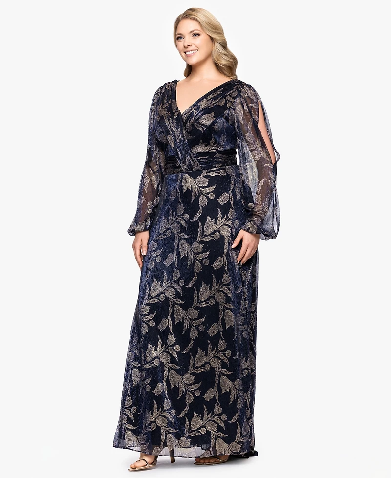 Betsy & Adam Plus Foil Crink Long Sleeve A-Line Dress