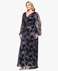 Betsy & Adam Plus Foil Crink Long Sleeve A-Line Dress