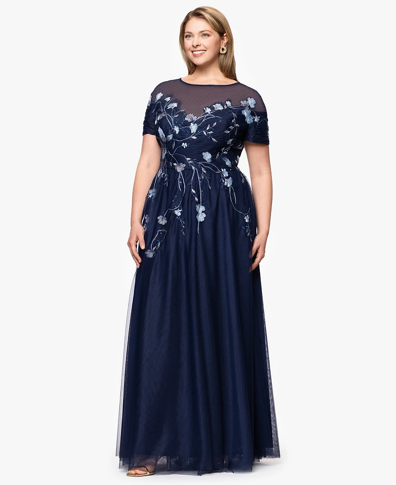 Betsy & Adam Plus Sequin Embellished A-Line Maxi Dress