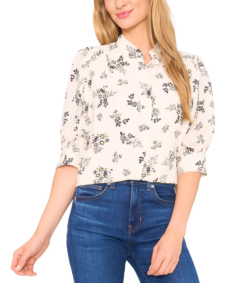 CeCe Women's Puff Sleeve Button Down Shirring & Bow Detail Shirt