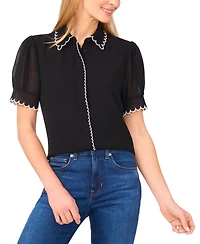 CeCe Women's Scallop Contrast Trim Button Up Top