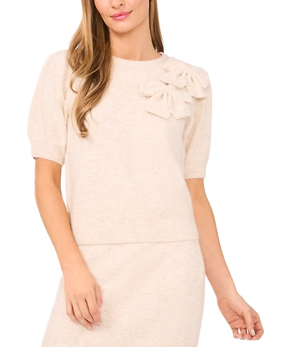 CeCe Women's Ribbon Applique Short Sleeve Pullover Sweater