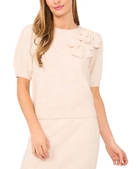 CeCe Women's Ribbon Applique Short Sleeve Pullover Sweater