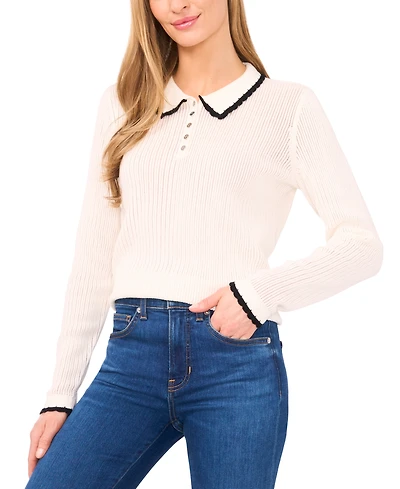 CeCe Women's Pointelle Knit Long Sleeve Trim Polo Sweater