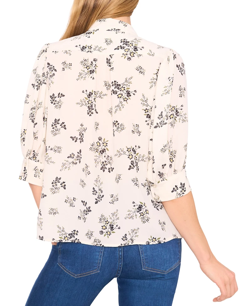CeCe Women's Puff Sleeve Button Down Shirring & Bow Detail Shirt