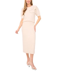 CeCe Women's Ribbon Applique Short Sleeve Pullover Sweater