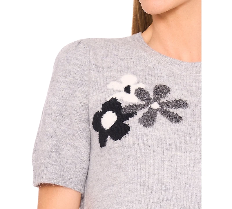 CeCe Women's Crewneck Flower Patterned Knit Short-Sleeve Sweater