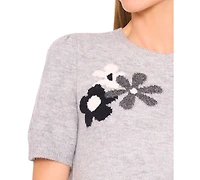 CeCe Women's Crewneck Flower Patterned Knit Short-Sleeve Sweater