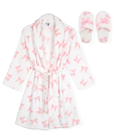 Max & Olivia Little and Big Girls 2-Piece Bow Print Flannel Robe With Slippers Set