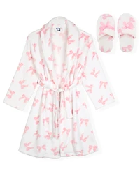 Max & Olivia Little and Big Girls 2-Piece Bow Print Flannel Robe With Slippers Set