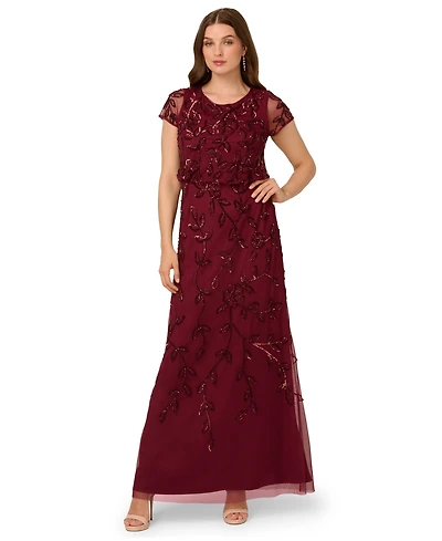 Adrianna Papell Women's Floral Bead Embellished Blouson Short-Sleeve Gown