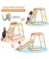 Akiudex 6-in-1 Wooden Indoor Playground with Slide, Climbing Ladder, Rock Wall, and Monkey Bars