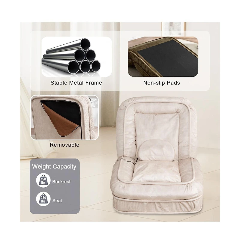 Aostirmotor Beige Upholstered Human Dog Bed with 5 Adjustable Position and Massage Pillow for Adult and Pets