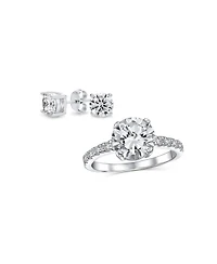 Bling Jewelry Classic Sterling Silver 2-Pc. Cz Promise Ring & Stud Earring 3 Ct Solitaire Round-Cut Center Stone