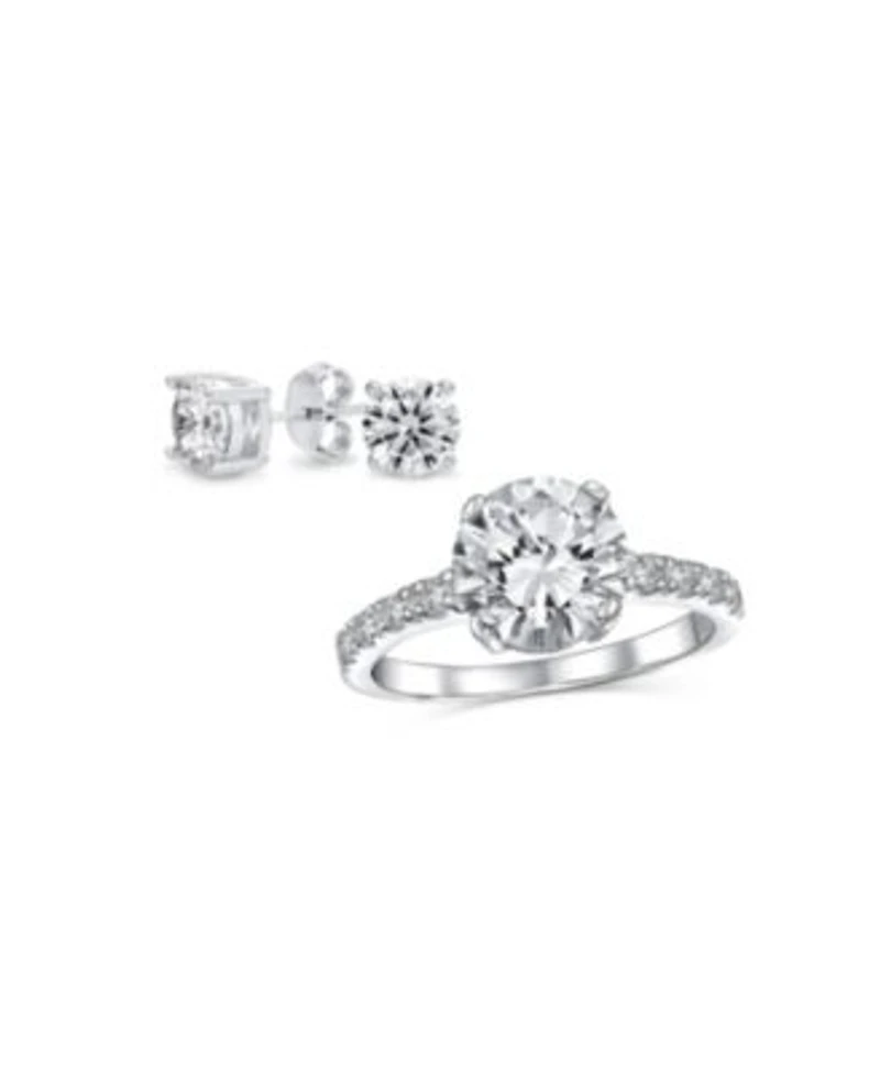 Bling Jewelry Classic Sterling Silver 2 Pc. Cz Promise Ring Stud Earring 3 Ct Solitaire Round Cut Center Stone