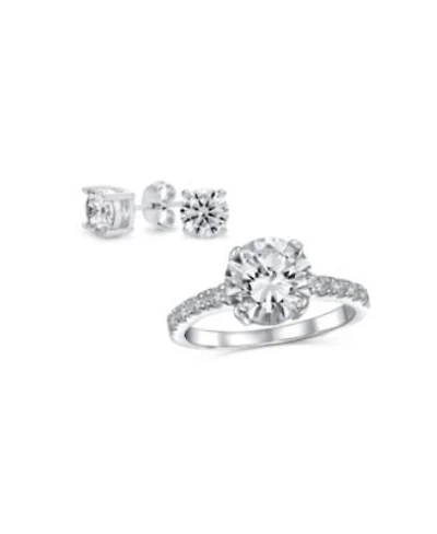 Bling Jewelry Classic Sterling Silver 2 Pc. Cz Promise Ring Stud Earring 3 Ct Solitaire Round Cut Center Stone