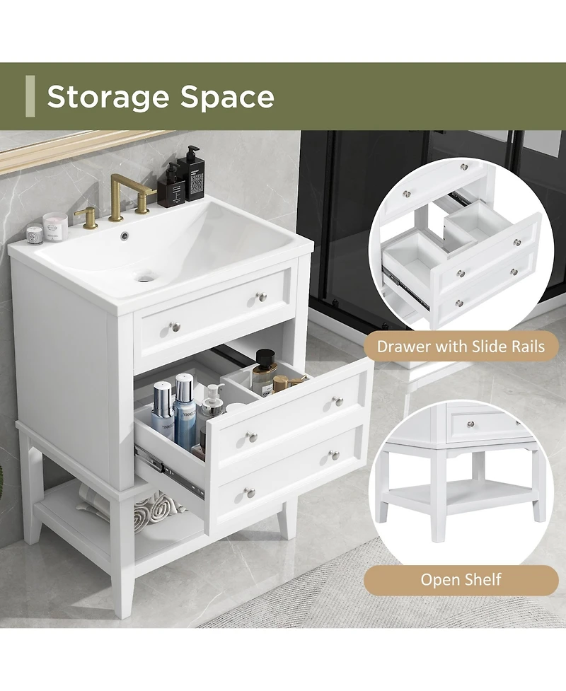 Casainc 24" Bathroom Vanity with Sink, Cabinet with Drawer and Open Shelf, Solid Wood Frame
