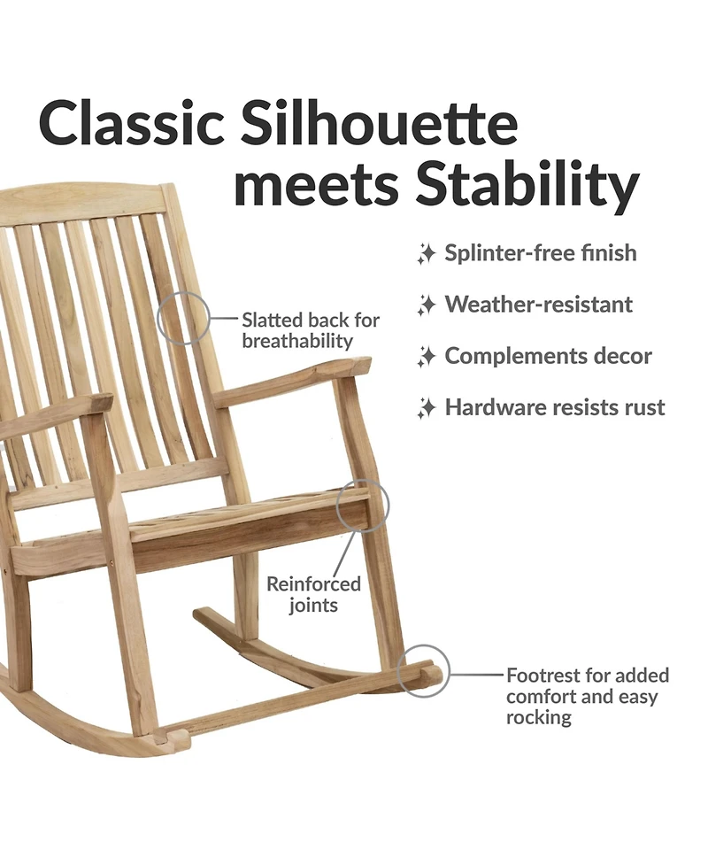 Sunnydaze Decor Teak Wood Outdoor Porch Rocking Chair with Slatted Back, 275 lb Capacity, Unfinished
