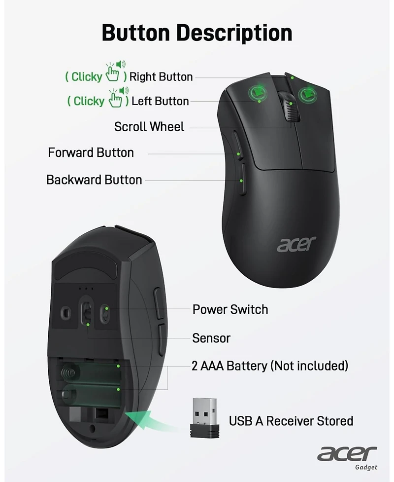 Acer Wireless Mouse, 1200 dpi, 5 Buttons, 2.4GHz usb Receiver, Compatible with Windows, macOS, Android