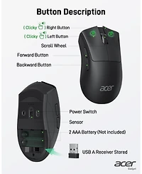 Acer Wireless Mouse, 1200 dpi, 5 Buttons, 2.4GHz usb Receiver, Compatible with Windows, macOS, Android